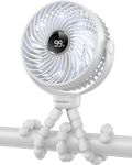 Bearwind Mini Portable Pram Fan, Rechargeable Clip On Fan for Stroller, Digital Display & Night Light, 4 Speeds, 360° Rotate Flexible Tripod Cooling for Buggy, Pushchair, Travel (White)