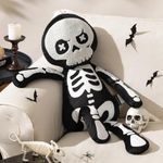 Phantoscope Happy Halloween Shaped Throw Pillow, Skeleton Shaped Pillow, Soft Velvet Embroidery 3D Skull Pillow Halloween Decorative Cushion for Couch, Black, 32 x 14.5 inch