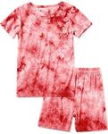 Jimonda Baby/Toddler Soft Sleepwear Short sleeve Kids Cool Pajama Outdoor 2-Piece Shirt&Shorts Casual sets Tie Dye PJ(Pink red tie dye,7-8Y)
