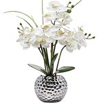 Briful 20.8" Artificial Flowers Silk Orchid in Silver Ceramic Pot, Silk Flowers Orchid Plant White Artificial Phalaenopsis Flowers for Wedding Coffee Table Centerpiece Home Decor