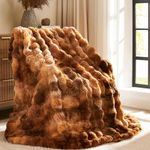 L'AGRATY Faux Rabbit Fur Blanket: 200x220cm Luxury Soft Fluffy Thick Fur Throw Blanket for Couch Bed Sofa - Cozy Plush Bubble Blankets with Warm Flannel Fleece(King,Caramel Brown)