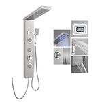 ROVOGO LED Shower Panel Without Tap, 5 Functions Shower Panel with Rain Shower, Massage Nozzles, Hand Shower, Bath Spout and Temperature Display, Narrow Shower Column, Stainless Steel, Brushed