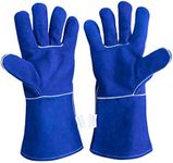 FZTEY Heat Resistant Fire Proof Guant, Welding High Temperature Gloves, Stove Long Leather Welders Thermal Gauntlets For BBQ,Mig,Log Burner, Woodburning,Fireplace (Blue)