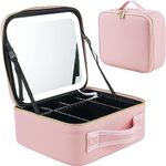 House of Quirk Makeup Bag with Lighted Mirror, Travel Makeup Train Case with 3-Color Setting & Adjustable Dividers, Waterproof Portable Cosmetic Bag (Pink)