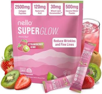 Nello Superglow Powdered Drink Mix, Skin Hydration, Glow & Hair Support, Collagen Peptides, Hyaluronic Acid, Ceramosides, Biotin & Vitamin C, 20 Stick Packs (Strawberry Kiwi)
