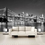 murimage Photo Wallpaper New York 3D 366 x 254 cm Including Paste Wall Mural incl. Glue Paste Manhattan Skyline City USA Black and White Brooklyn Bridge Nighttime