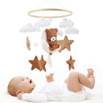 Mobile for Baby Cot, Wood Animal Cotbed Mobile Star Moon Baby Mobile Bear Handmade Crocheted Animal Wind Chimes Pendant, Bed Bell Hanging Decor Rotating Toys, Crib Mobile Newborn Gift for Baby