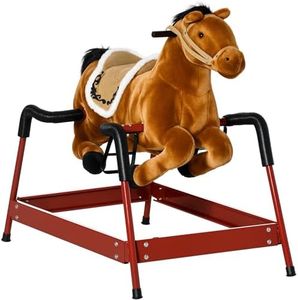 Qaba Kids Spring Rocking Horse, Ride on Horse for Girls and Boys with Animal Sounds, Plush Horse Ride-on with Soft Feel, Interactive Toy for Kids, Light Brown