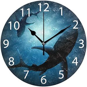 senya Sharks Under Water Round Wall Clock, Silent Non Ticking Oil Painting Decorative for Home Office School Clock Art