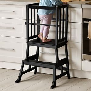COSYLAND Kids Kitchen Step Stool Helper Baby and Toddler Multi-Function Step up Nursery Helper Stand with Safety Rail in Natural Bamboo, Strong and Lightweight (Black)
