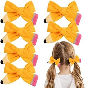 Back to School Pencil Hair Bows and Clips: Hand-Painted Yellow Schoolgirl Pigtail Accessories, Perfect Gifts for Toddlers and Kids in Kindergarten to 5th Grade