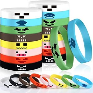 Hicarer 24 Pièces Bracelets de Personnage Style de Mineur de Pixels Bracelets en Silicone, Designs de Bracelet à Thème Pixel Fournitures de Fête sur Thème d'Exploitation Minière, 8 Designs