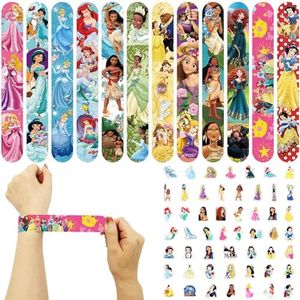Princess Birthday Party Favors, 48 PCS Princess Theme Slap Bracelets with 50 PCS Princess Stickers for Girls Birthday Party Supplies