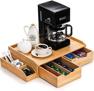 SOUJOY Bamboo Drawer Organizer for Coffee Pod, K Cup Organizer for Counter, Tea Bag Storage Organizer with Drawer and Side Storage Box for Kitchen Office Coffee Bar