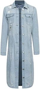 American Bazi Women's Long Button Down Distressed Denim Jean Jacket RJK3205 - Light Blue - 2X-Large - E4B
