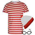 Mens Red White Stripe T Shirt Tops Hat and Glasses 3Pcs Outfit Book Week Theme Party Costume