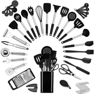 Kithcen Juego de utensilios de cocina 34 utensilios de cocina de silicona y acero inoxidable, juego de utensilios de cocina, utensilios de cocina, accesorios de cocina, color negro
