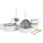 Martha Stewart Emmeline Premium Nonstick PFA Free Ceramic Interior 12 Piece Heavy Gauge Enamel Aluminum Pots and Pans Cookware Set - Linen White