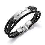 howson london Personalised Mens Bracelet Leather Engraved Bracelet Gift for Him | Customised Name, ID Identity, Birthday, Wedding, Christmas, Valentines Day, for Boyfriend, Father, Husband (Silver)