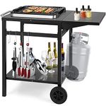 Giantex Outdoor Pizza Oven Stand Grill Cart with Wheels, Foldable Side Table, Gas Tank Hook, 4 Removable Hooks, Double-Shelf Movable Dining Cart Food Prep Worktable Trolley for Outside Kitchen BBQ