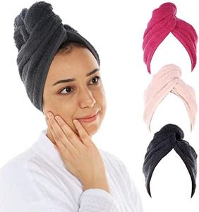 Cacala Terry Cloth Shower Cap for Women – Luxurious Hair Towel Wrap – Non-Frizz Hair Wraps for Women Wet Hair with Holding Loop and Buttons – Highly Absorbent Head Wrap with Accessories – 3pcs