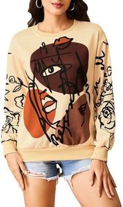 WDIRARA Women's Figure Graphic Print Sweatshirt Round Neck Long Sleeve Contrast Color Graffiti Pullovers Apricot XS