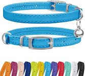 CollarDirect Leather Cat Collar with Elastic Safety Strap and Bell for Boy, Girl, Kitten (Neck Fit 9"-11", Light Blue)