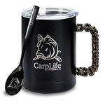 CarpLife Thermal Fishing Mug and Spoon - Thermal Mug with Spoon - Stainless Steel Thermal Mug with Lid and Etched Spoon (Camo Handle)