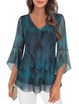 Gemulate Ladies evening tops Blouses for Women UK V Neck Ruffle Shirts Double Layered Mesh Dressy Tunics Top Peacock Blue L