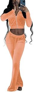 Chatinction Women's 2 Piece Sweatsuit Outfits Solid Color Zip Up Velvet Crop Top Jacket and Long Pants Activewear Set Orange Large