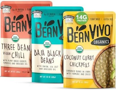 BeanVIVO - Variety 3 Pack (10 oz each) - Organic Baja Black Beans, Three Bean Vegan Chili, Coconut Curry Chickpeas - Seasoned & Ready to Eat, Plant Protein, Vegan, Gluten Free, Microwaveable, Instant Meals