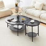 OFCASA Round Glass Nesting Coffee Tables, Removable Set of 2, Black Tempered Glass Top Nest of Tables with Storage Wooden Shelf and Metal Frame, End Table for Living Room Bedroom
