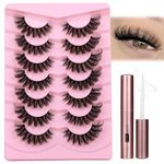 JIMIRE Cat Eye Lashes with Eyelash Glue Russian Strip D Curl Lashes Wispy 6D Volume False Eyelashes with Lash Glue Thick Crossed Soft Fake Eyelashes Fluffy 7 Pairs Pack