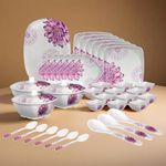 Thermador Melamine 40 Pcs Dinner Set | Crockery Set |6 Dinner Plates, 6 Small Plates, 1 Serving Tray, 3 Big Serving Bowls with Lid, 12 Small Bowls, 6 Spoons, 3 Serving Spoons (White, Pink)