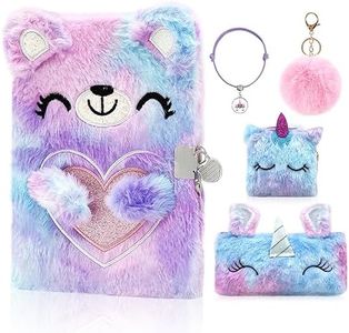 GLGHMH Secret Diary with Lock Set, Secret Fluffy Notebook with Coin Purse Keychain Bracelets Pencil Case, Fluffy Bear Gifts Journal Notebook Set for Girls Boys
