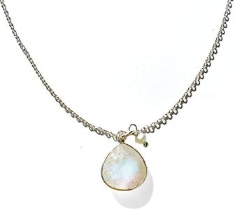 Joyfulmuze Rainbow Moonstone Necklace, Natural White Gemstone and Freshwater Tinny Pearl Pendant, Boho 925 Sterling Silver Jewelry, Handmade Gift for Women, Daintly Simple Chain 18 inch 1 pc