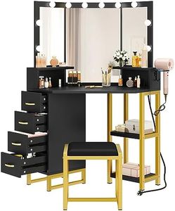 YITAHOME Makeup Vanity with Lights - Vanity Desk with Power Outlet, 3 Color Lighting Options, Corner Vanity with 4 Storage Drawers and Stool for Women Girls, Black