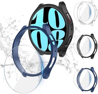 [3+3Pack] Kamita Funda Compatible con Samsung Galaxy Watch 6 44mm con Protector de Pantalla, 3 Película Protectora de Cristal Templado y 3 Duro PC Bumper Case para Galaxy Watch6 (Claro+Negro+Azul)