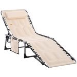 Outsunny Outdoor Lounge Chair, Folding Chaise Lounge, Patio Padded Tanning Chair with 5-position Adjustable Backrest, Pillow and Pocket for Deck, Beach, Lawn and Sunbathing, Beige