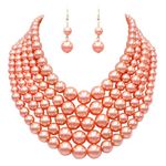 Rosemarie & Jubalee Women's Multi Strand Simulated Pearl Bib Necklace and Earrings Jewelry Set, 16"-19" with 3" Extender, Metal, bead,