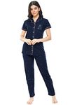 ZEYO Women's Cotton Dot Printed Night Suit Set of Shirt & Pyjama 5252 (Navy Blue, Large)