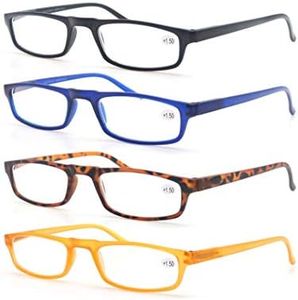 MODFANS Lot de 4 Lunettes de Lecture Homme Femme,Lunettes Loupe Monture Legere Branches a Ressort,Lunettes de Vue Rectangle Noir-Marron-Bleu-Jaune