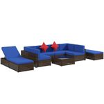 Outsunny 9 Pieces Wicker Patio Furniture Set with Cushion, PE Rattan Outdoor Conversation Set Sectional Sofa Set with 2 Loungers and Tempered Glass Top Table, Navy Blue