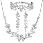 SWEETV Bridal Jewelry Set for Wedding, 3-Pcs Long Floral Necklace Earring Bracelet Sets for Brides, Bridesmaids, Elegant Marquise and Cubic Zirconia Jewelry Set for Women Party Prom Gifts, Silver