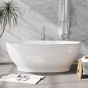 FerdY Koh Samui 65" Freestanding Bathtub, Elegant Oval Shape, Double Walled Insulation Bathtub with Center Brushed Nickel Drain & Minimalist Linear Design Overflow