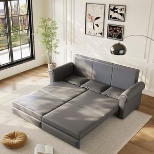 Tabaray 93.7" King Pull Out Sofa Bed, Faux Leather Sleeper Sofa Couch, 3 in 1 Convertible Futon Couches for Living Room, Small Space, Apartment, Office, Bedroom, Modern Rivet Armrest, Grey