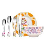 EXZACT Children's Dinner Set/Cutlery Gift Set 6 Pieces Stainless Steel/Porcelain Ceramic Set- 1x Bowl, 1x Plate, 1x Dinner Knife, 1x Fork, 1x Tea Spoon,1x Table Spoon