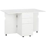 HOMCOM Folding Dining Table, Drop Leaf Table for Small Spaces with 2 Drawers, Cabinet and 6 Wheels, Small Kitchen Table, White