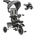 Aosom Tricycle for Toddler 6-in-1 Kids Trike, Foldable Converts Stroller to Baby Push Bike, Adjustable Backrest with Detachable Guardrail & Handle, Brake for 1-4 Years Old, Grey