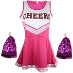 Cheerleader Fancy Dress Outfit Uniform High School Costume With Pom Poms Pink Cheerleader, Medium